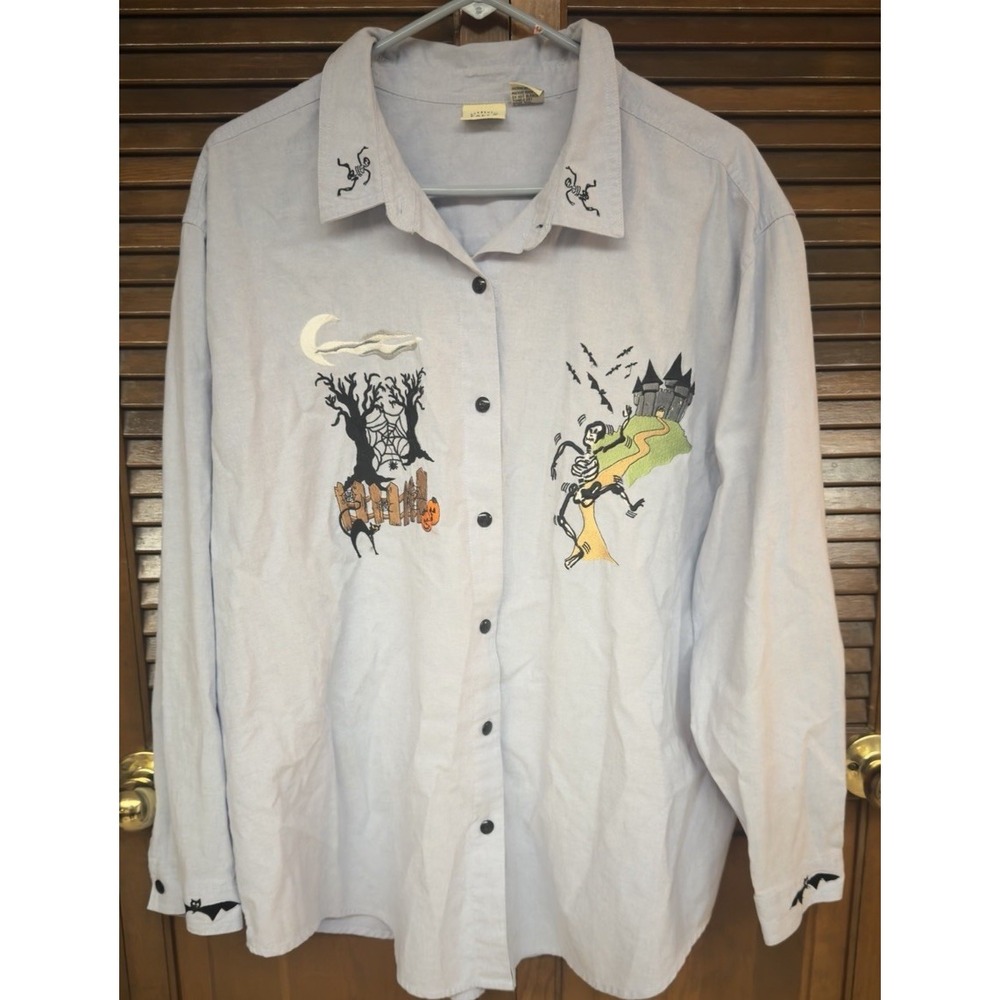 Falls Creek Halloween Shirt 24W Embroidered Skeleton Haunted House Cat Pumpkin